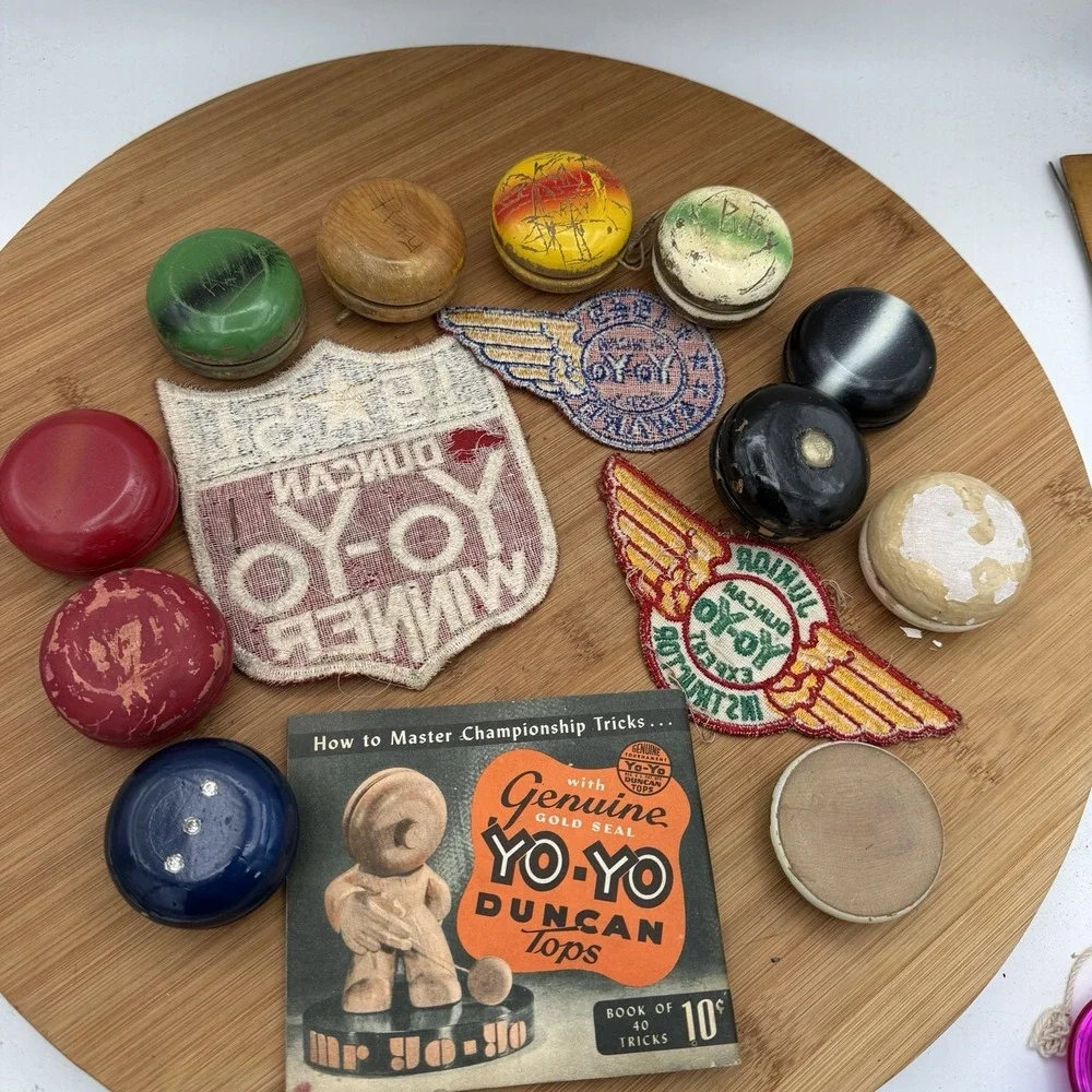 VTG  Duncan Yo-Yo Collection Lot 1950's wood Tournament Memorabilia Patches book